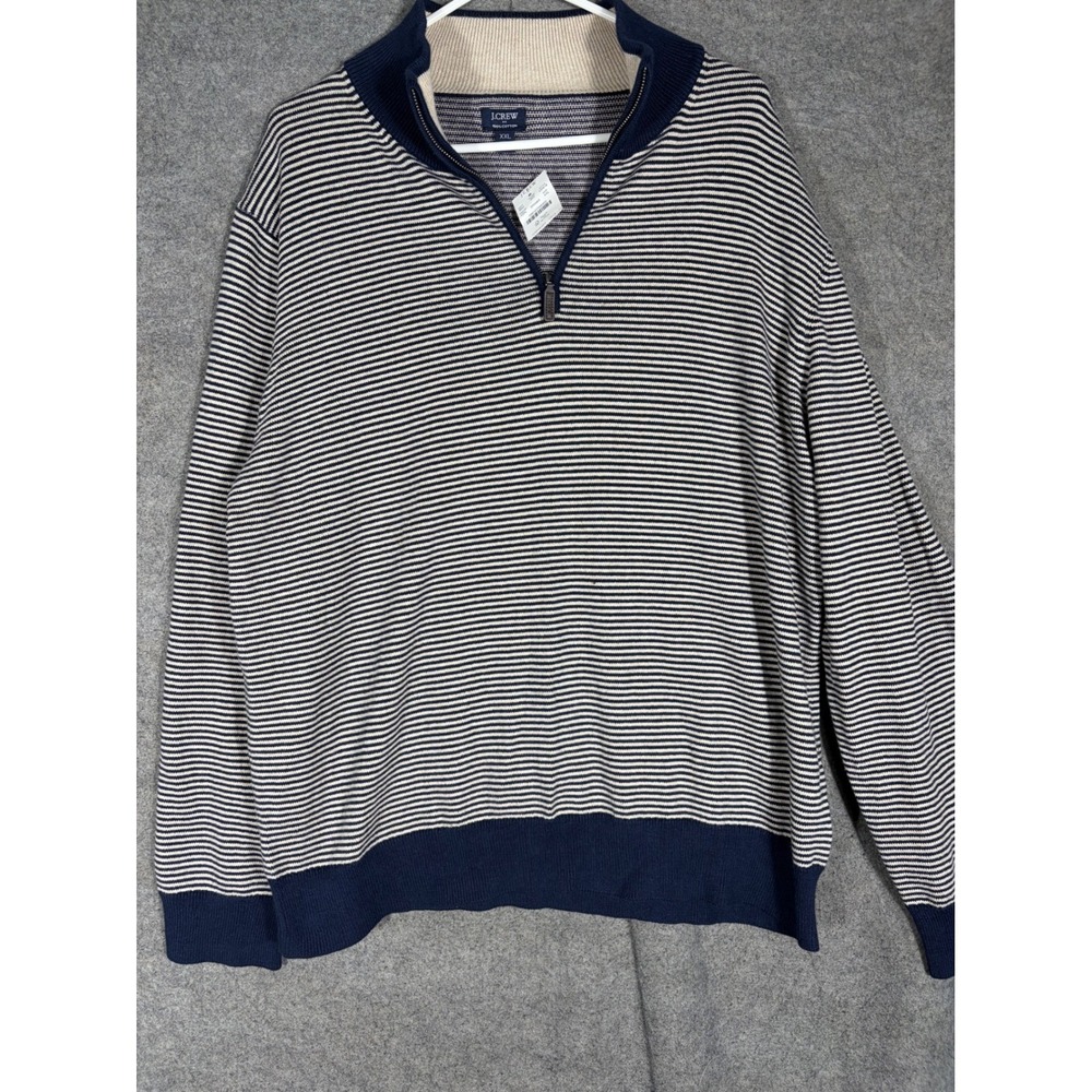 J.Crew Mens XXL Navy Blue Cream Striped 100% Cotton Quarter Zip Sweater CD618